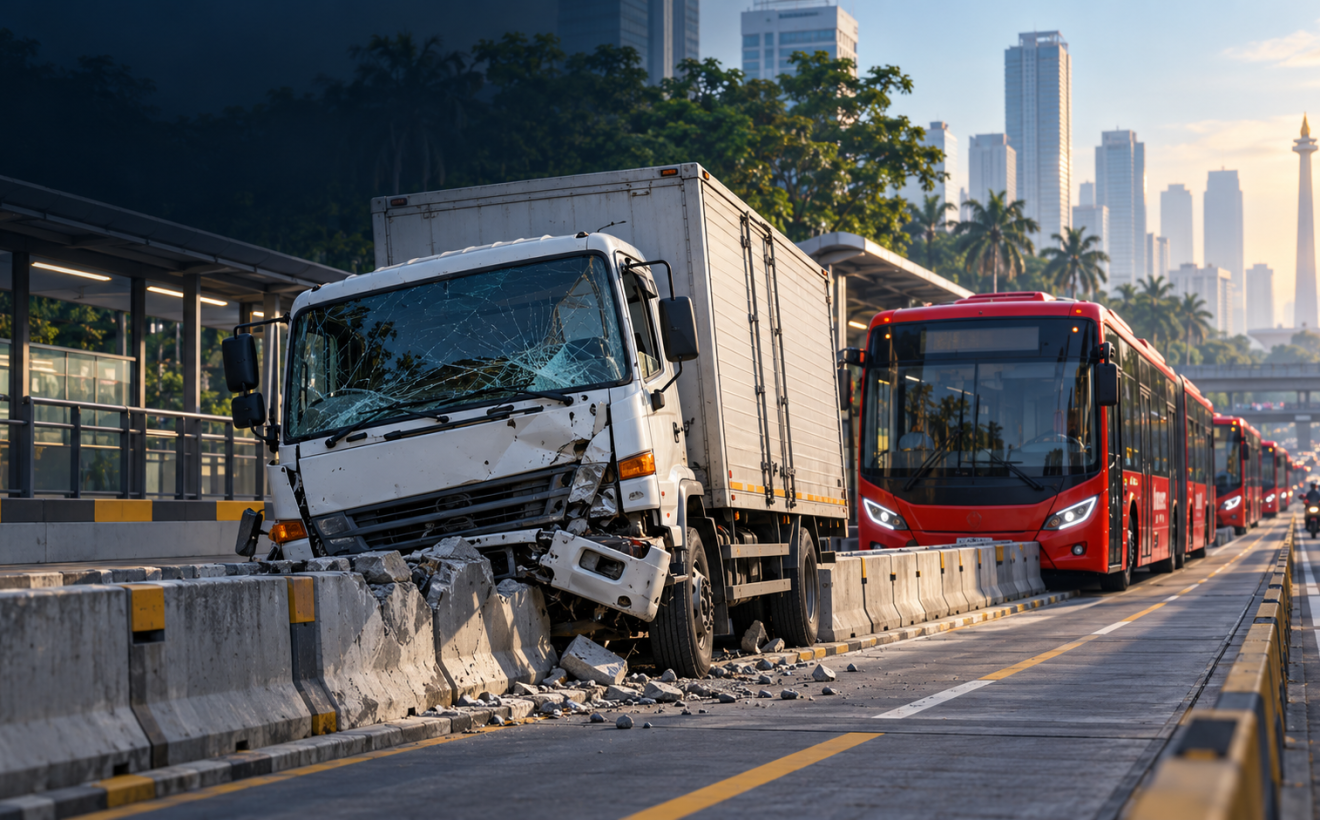 Kronologi Truk Tabrak Separator Busway Bikin 15 TransJakarta Terlambat