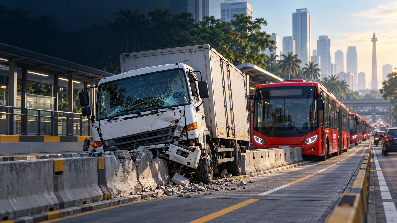 Kronologi Truk Tabrak Separator Busway Bikin 15 TransJakarta Terlambat