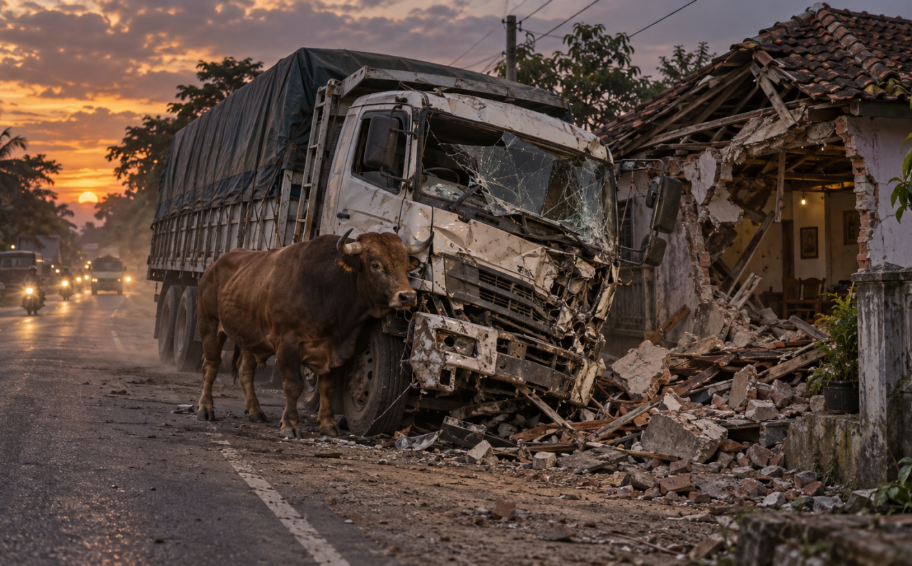 Truk Trailer Adu Banteng di Pantura Tuban, Rumah Warga Hancur