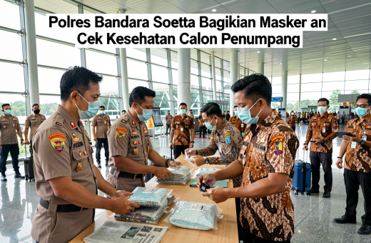 Polres Bandara Soetta Bagikan Masker dan Cek Kesehatan Calon Penumpang