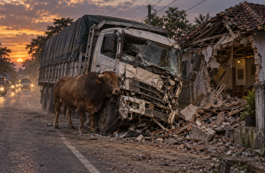 Truk Trailer Adu Banteng di Pantura Tuban, Rumah Warga Hancur
