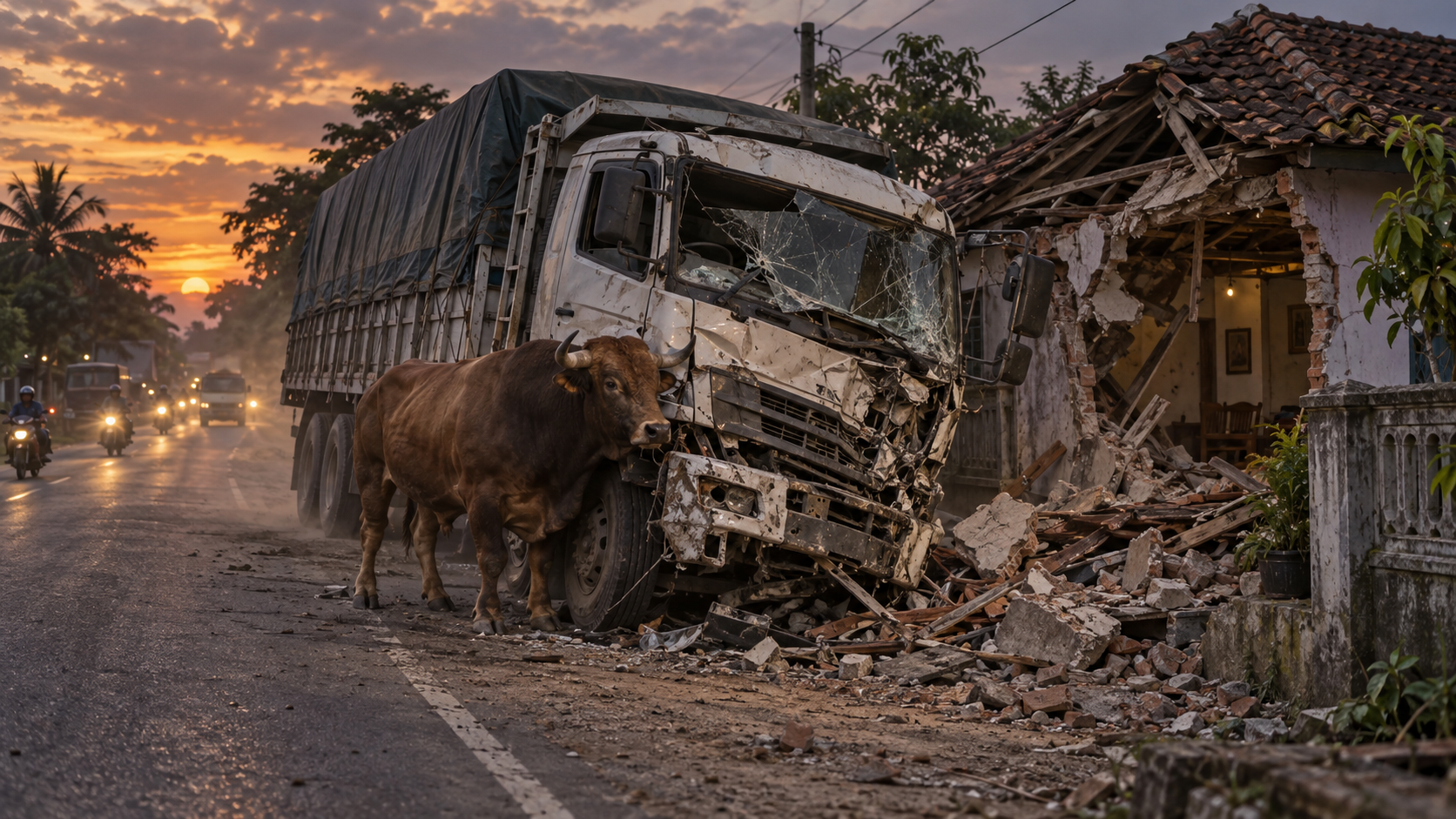 Truk Trailer Adu Banteng di Pantura Tuban, Rumah Warga Hancur